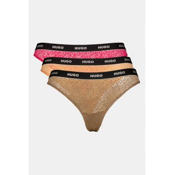 Set de chiloti tanga din dantela cu banda logo in talie - 3 perechi - Portocaliu/Maro taupe/Roz