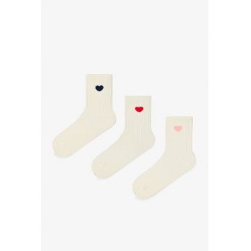 Set de sosete lungi striate cu detaliu cu inima - 3 perechi - Crem