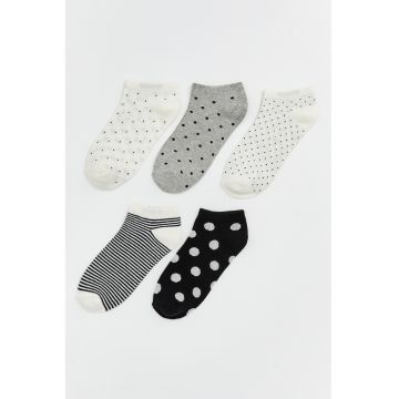Set de sosete scurte cu model - 5 perechi - Alb/Negru/Gri melange