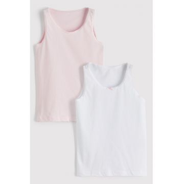 Set de top-uri din bumbac cu decolteu rotund - 2 piese - Alb/Roz pastel