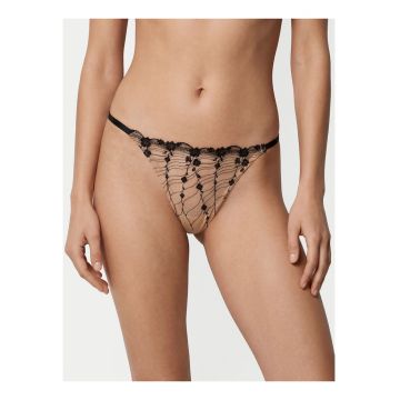 Tanga femei -  Bej - Negru - dantela florala - poliester - set