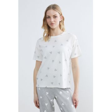Tricou de pijama cu decolteu rotund si imprimeu inimi - Alb/Gri deschis
