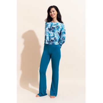 Bluza de pijama din amestec de modal si colanti evazati Aria - Alb/Albastru petrol