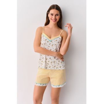 Pijama cu imprimeu floral si bretele inguste - Alb/Galben