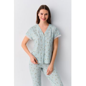 Pijama cu maneci scurte si imprimeu floral - Mint