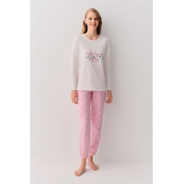Pijama de bumbac cu pantaloni lungi si imprimeu - Alb murdar/Roz