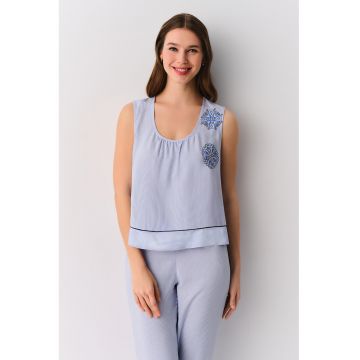 Pijama in dungi fara maneci Amanda - Albastru pastel/Albastru royal