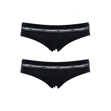 Set 2 perechi chiloti clasici bumbac cu talia joasa si dantela  GD166 0002 - Negru