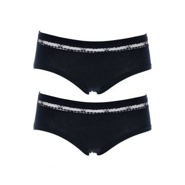 Set 2 perechi chiloti clasici bumbac cu talia joasa si dantela  GD168 0002 - Negru