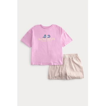 Pijama cu imprimeu si maneci scurte - Bej/Roz