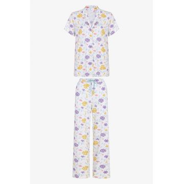 Pijama cu model floral si snur de ajustare - Alb/Violet/Galben miere