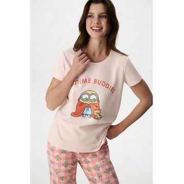 Pijama cu pantaloni lungi si imprimeu desene animate - Galben/Roz