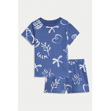 Pijama de bumbac cu imprimeu si pantaloni scurti - Alb/Albastru indigo