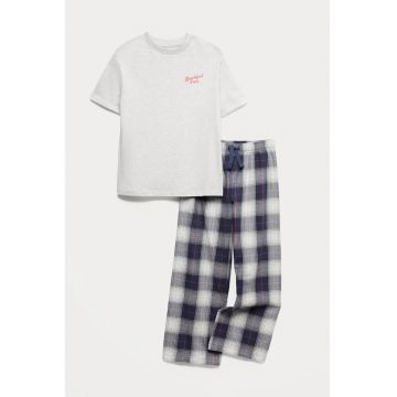 Pijama din bumbac cu model - Gri/Bleumarin