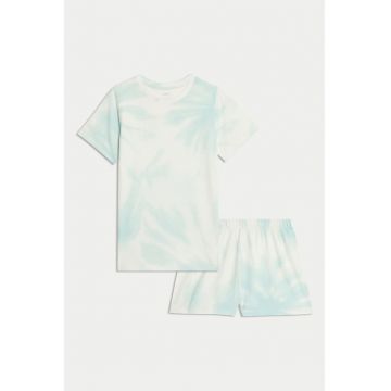 Pijama din bumbac cu model tie-dye - Albastru pal/Alb murdar