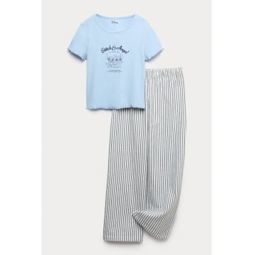 Pijama din bumbac cu pantaloni cu model in dungi - Albastru deschis/Gri inchis