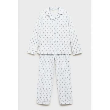 Pijama lunga cu model grafic - Alb/Albastru inchis