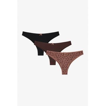 Set de 3 perechi de chiloti din amestec de bumbac - Maro inchis/Negru/Maro deschis