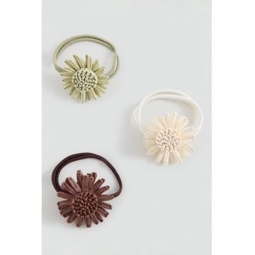 Set de elastice de par cu model floral - 3 piese - Verde pal/Alb murdar/Maro pamantiu