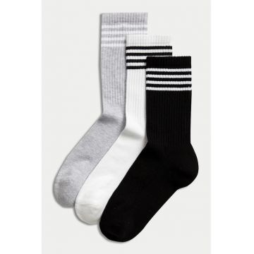 Set de sosete lungi cu dungi - 3 perechi - Alb/Negru/Gri