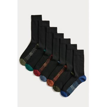 Set de sosete lungi cu garnituri contrastante - 7 perechi - Negru