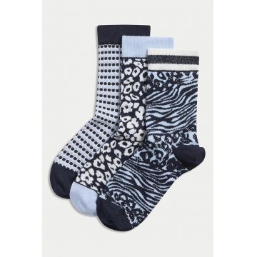 Set de sosete scurte cu animal print - 3 perechi - Alb murdar/Bleumarin