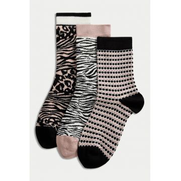 Set de sosete scurte cu animal print - 3 perechi - Negru/Bej