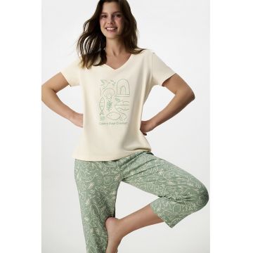 Tricou de pijama din bumbac cu decolteu in V - Turcoaz/Crem
