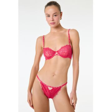 Chiloti tanga cu garnituri din dantela - Fucsia