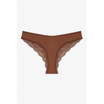 Chiloti tanga cu imprimeu dantela - Maro pamantiu