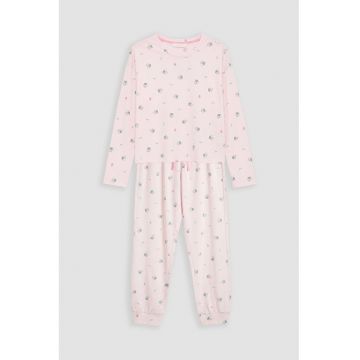 Pijama cu pantaloni lungi si model floral - Roz pastel
