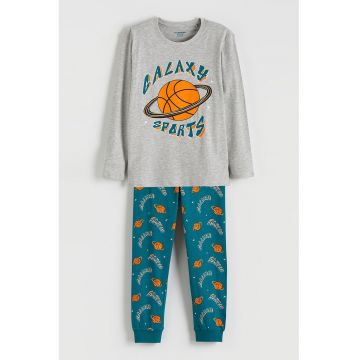 Pijama cu pantaloni lungi si model - Portocaliu/Gri melange/Albastru petrol