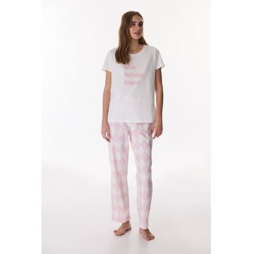 Pijama din amestec de bumbac cu model - Alb/Roz deschis