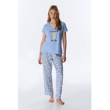 Pijama lunga cu imprimeu grafic - Alb/Galben deschis/Albastru azur