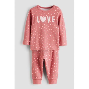 Pijama lunga din bumbac - Alb/Rosu deschis