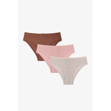 Set de 3 perechi de chiloti cu model cu perforatii - Maro cognac/Roz deschis/Grej