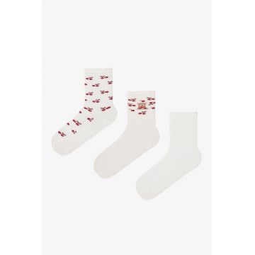 Set de 3 perechi de sosete lungi - Rosu cireasa/Maro camel/Alb murdar