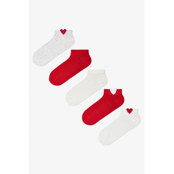 Set de 5 perechi de sosete pana la glezna - Alb/Gri deschis/Rosu aprins