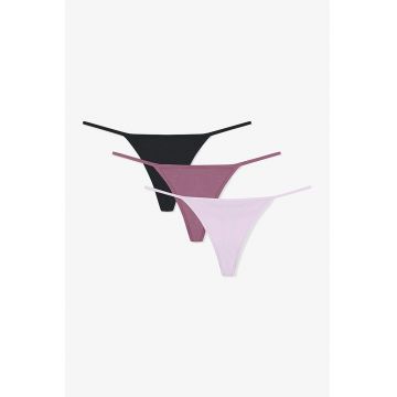 Set de chiloti tanga cu model uni - 3 perechi - Negru/Violet deschis/Violet pruna