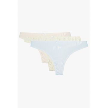 Set de chiloti tanga din amestec de bumbac- 3 perechi - Albastru pal/Crem