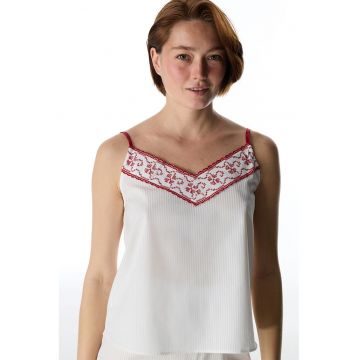Top de pijama cu decolteu in V si broderie - Alb/Rosu inchis