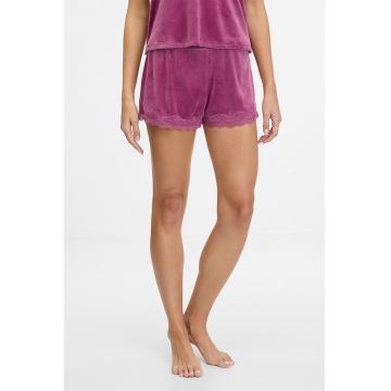 Pantaloni scurti de pijama din velur cu garnitura din dantela - Ametist