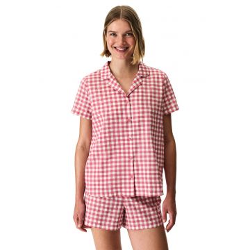 Pijama cu pantaloni scurti si model in carouri - Alb/Roz zmeuriu
