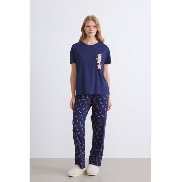 Pijama de bumbac cu model de Craciun - Maro/Bleumarin