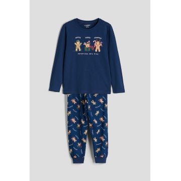 Pijama de bumbac cu tematica de Craciun - Maro deschis/Bleumarin