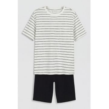 Pijama scurta cu tricou cu model in dungi - Alb/Negru antracit