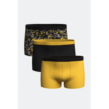 Set de boxeri cu model uni si imprimeu - 3 perechi - Negru/Galben sofran