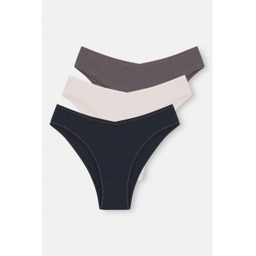 Set de chiloti brazilieni din amestec de bumbac - 3 perechi - Negru/Alb optic/Gri inchis
