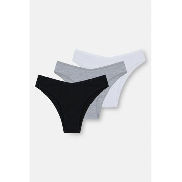Set de chiloti brazilieni din amestec de bumbac - 3 perechi - Negru stins/Alb optic/Gri inchis
