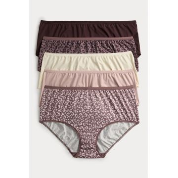 Set de chiloti hipster cu imprimeu - 5 perechi - Alb fildes/Maro/Roz prafuit